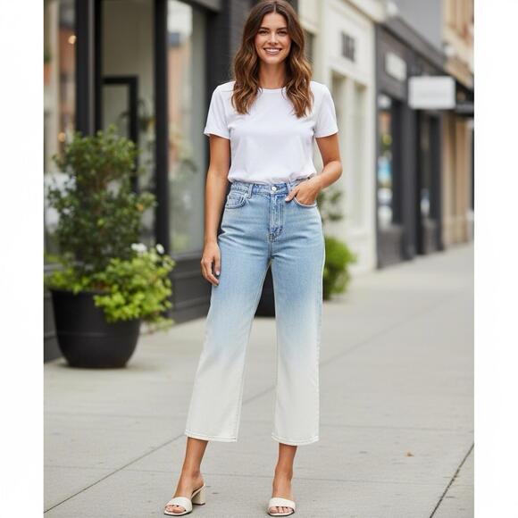 Blank NYC Jeans 28 White Ombre Cropped Straight Baxter Ribcage Denim - Picture 1 of 12